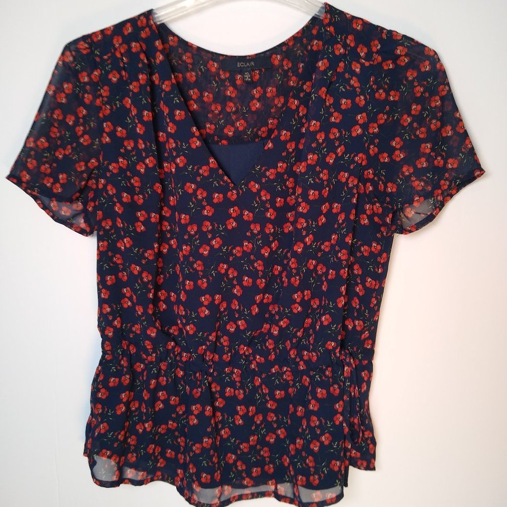 Eclair Navy Red Floral Women's Blouse Size XS